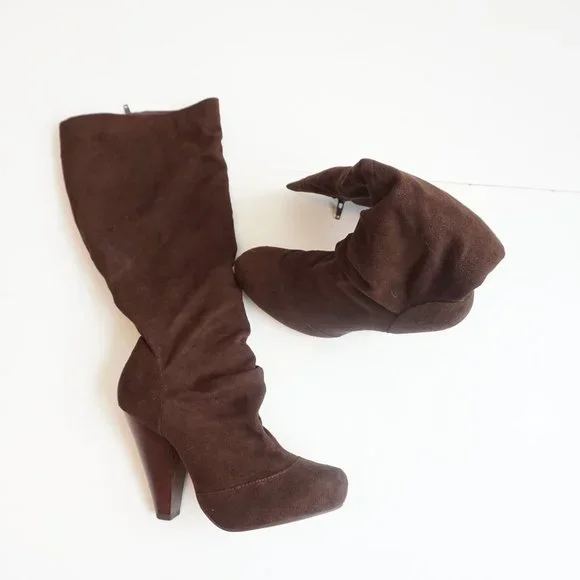 Dark Brown Suede High Heeled Boots Size 7.5 - Picture 1 of 6